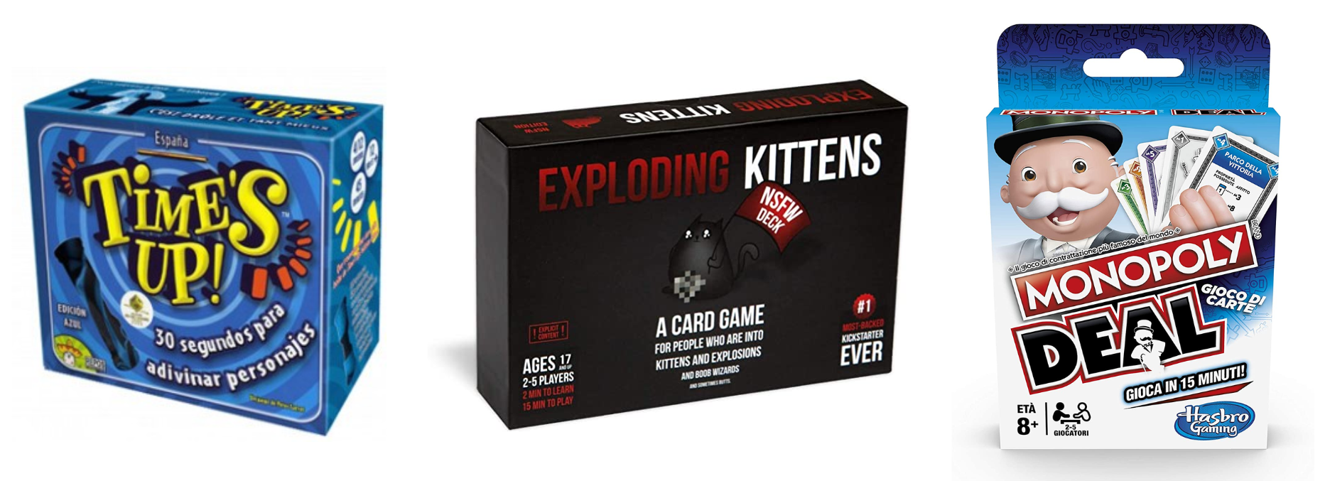 Time's Up, Monopoly Deal y Exploding Kittens.